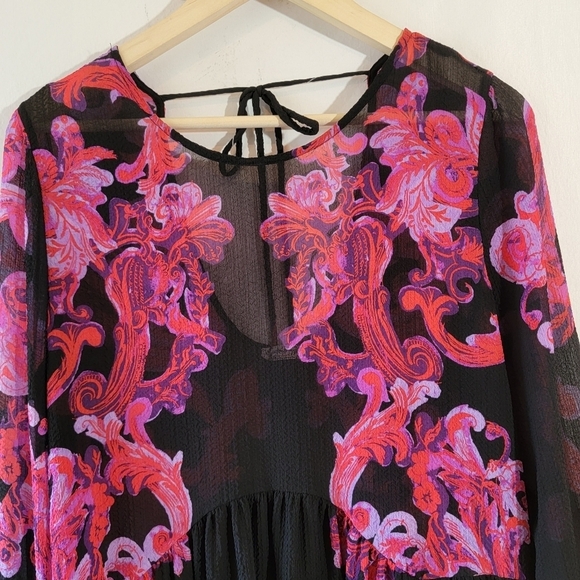 Free People Printed Symphony Smock Dress Sz S/P Black Red Floral Sheer Bohemian - Picture 5 of 12